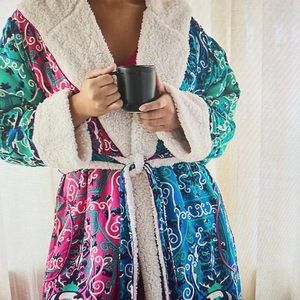 Flannel Robe Sherpa-Lined by Anthropologie. Pinks , blues and cream colors.